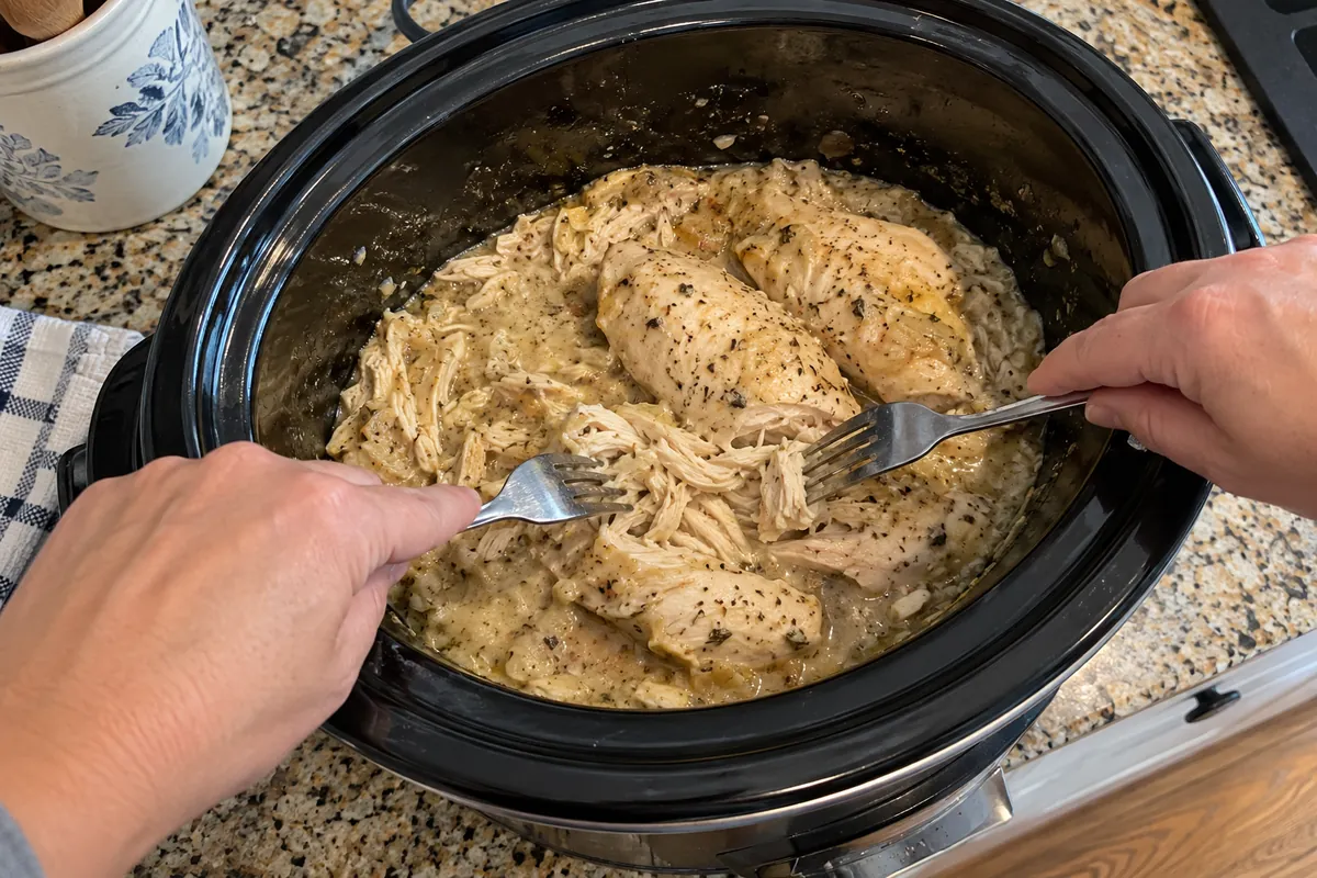 Shredding chicken with two forks in the slow cooker for crockpot chicken and gravy