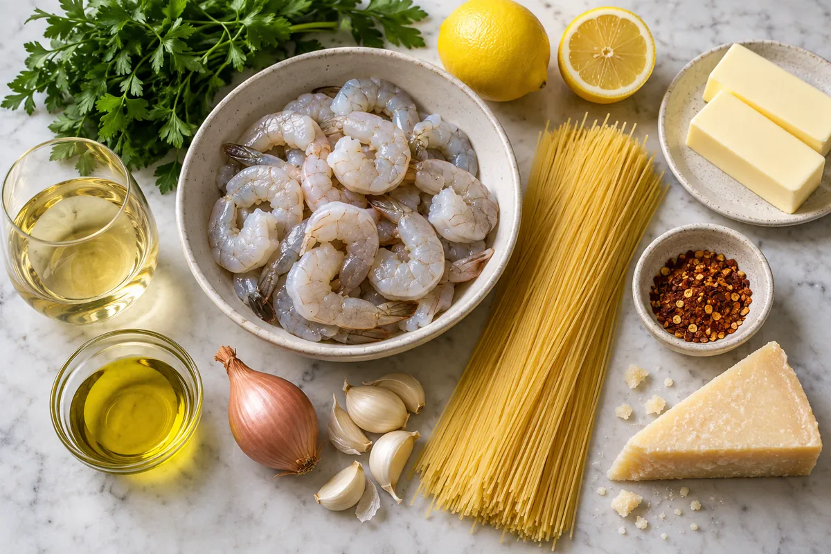 Ingredients for shrimp scampi with angel hair pasta laid out on a counter: shrimp, pasta, garlic, lemon, parsley, butter and white wine