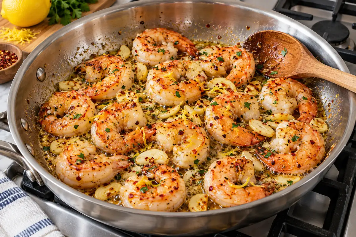 Large shrimp sizzling in garlic butter in a skillet for shrimp scampi