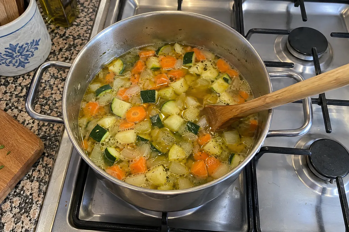 Simmering zucchini vegetable soup with diced zucchini, carrot and onion in a pot