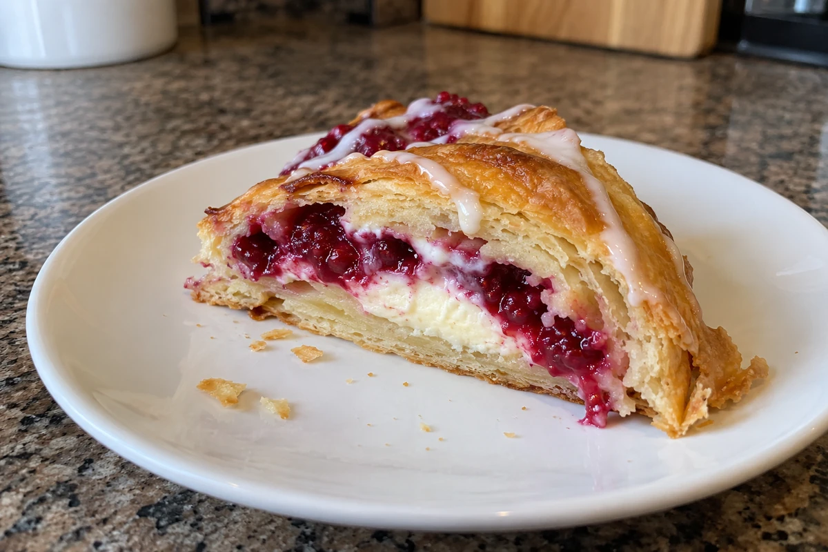 Slice of raspberry cream cheese crescent ring on a plain white plate showing raspberry and cream cheese layers