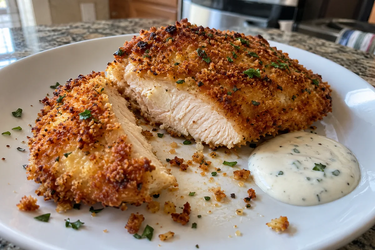 One ranch chicken cutlet sliced open showing juicy white meat and a crunchy golden crust