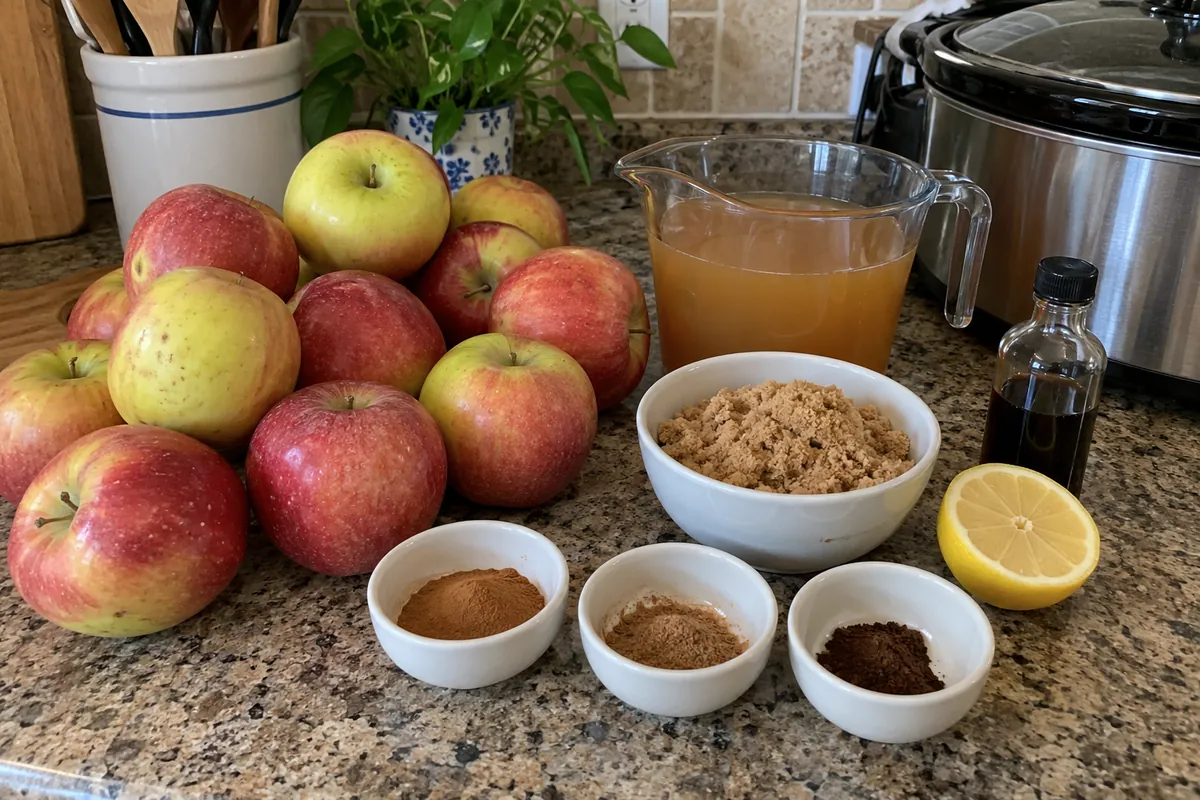 Ingredients for slow cooker apple butter: pile of apples, measuring cup of apple cider, brown sugar in a bowl, small spice bowls, lemon half and vanilla bottle