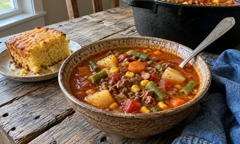 Slow cooker cowboy soup with ground beef, potatoes, corn, green beans and carrots in a rustic stoneware bowl with cornbread