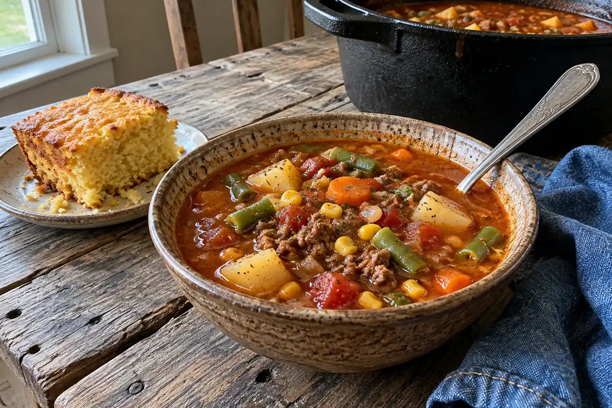 Slow cooker cowboy soup with ground beef, potatoes, corn, green beans and carrots in a rustic stoneware bowl with cornbread
