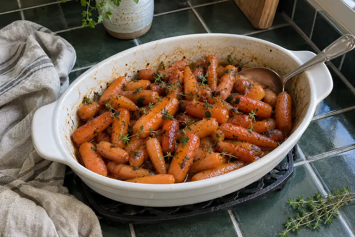 Slow cooker maple brown sugar glazed carrots in a serving dish, shiny with maple glaze and sprinkled with fresh parsley and thyme