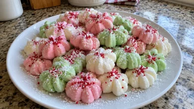 Plate of pastel pink, white and green flower-shaped soft Christmas peppermints, some topped with red sprinkles