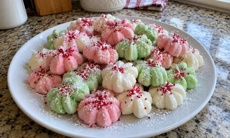 Plate of pastel pink, white and green flower-shaped soft Christmas peppermints, some topped with red sprinkles