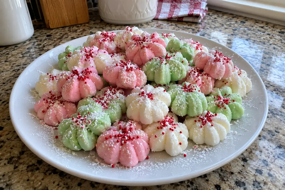 Plate of pastel pink, white and green flower-shaped soft Christmas peppermints, some topped with red sprinkles