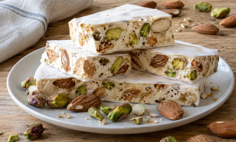 Stack of thick white italian torrone bars studded with almonds and pistachios on a white plate, with one bar sliced to show the chewy interior