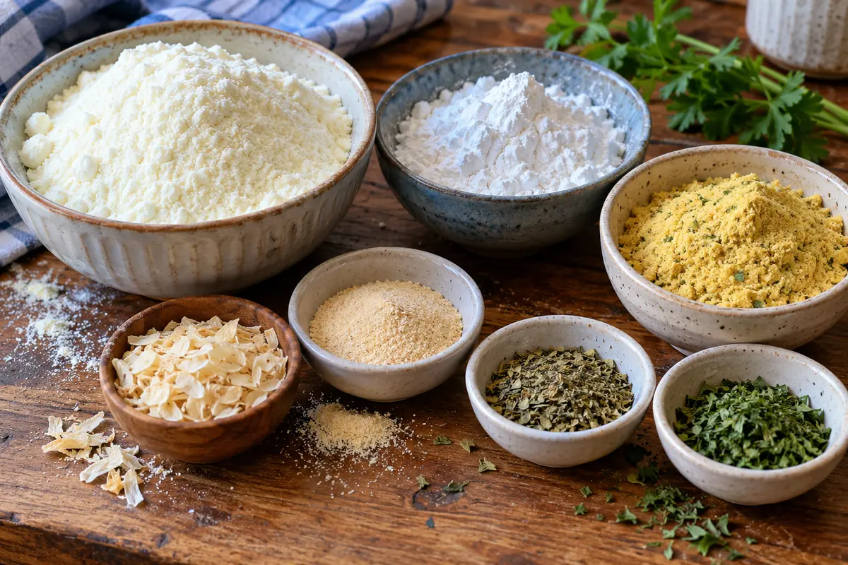 Ingredients for the soup mix measured into small bowls: dry milk, cornstarch, bouillon, onion, garlic powder and herbs