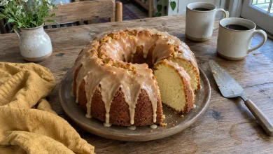 Sour cream pound cake with caramel frosting dripping down the sides on a brown stoneware cake plate on a weathered teak table