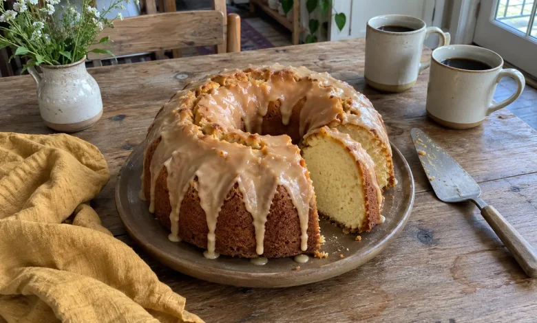 Sour cream pound cake with caramel frosting dripping down the sides on a brown stoneware cake plate on a weathered teak table