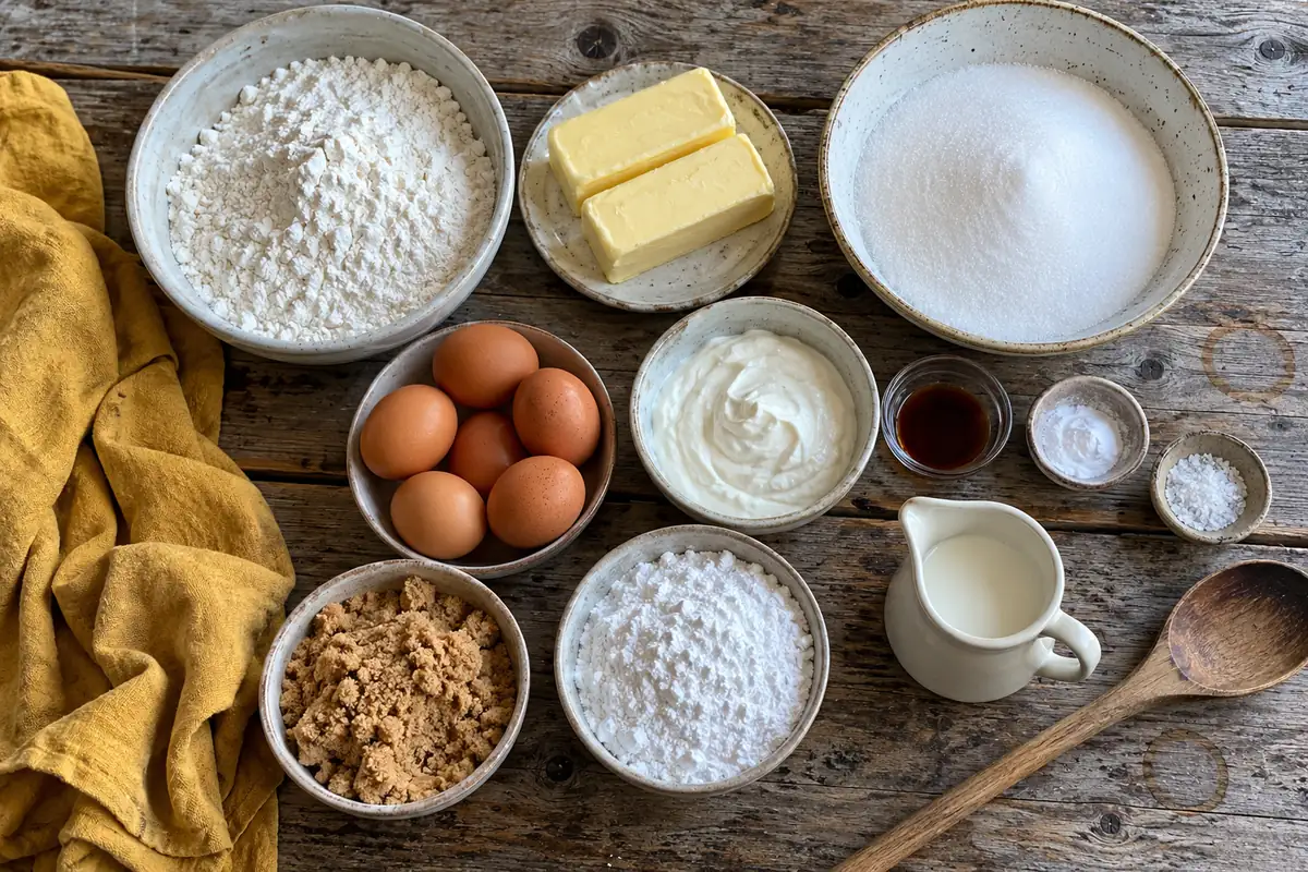 Ingredients for sour cream pound cake with caramel frosting: flour, butter, white sugar, eggs, sour cream, vanilla, brown sugar and powdered sugar