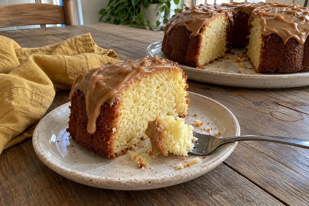 A slice of sour cream pound cake showing a tender golden crumb under a layer of caramel frosting