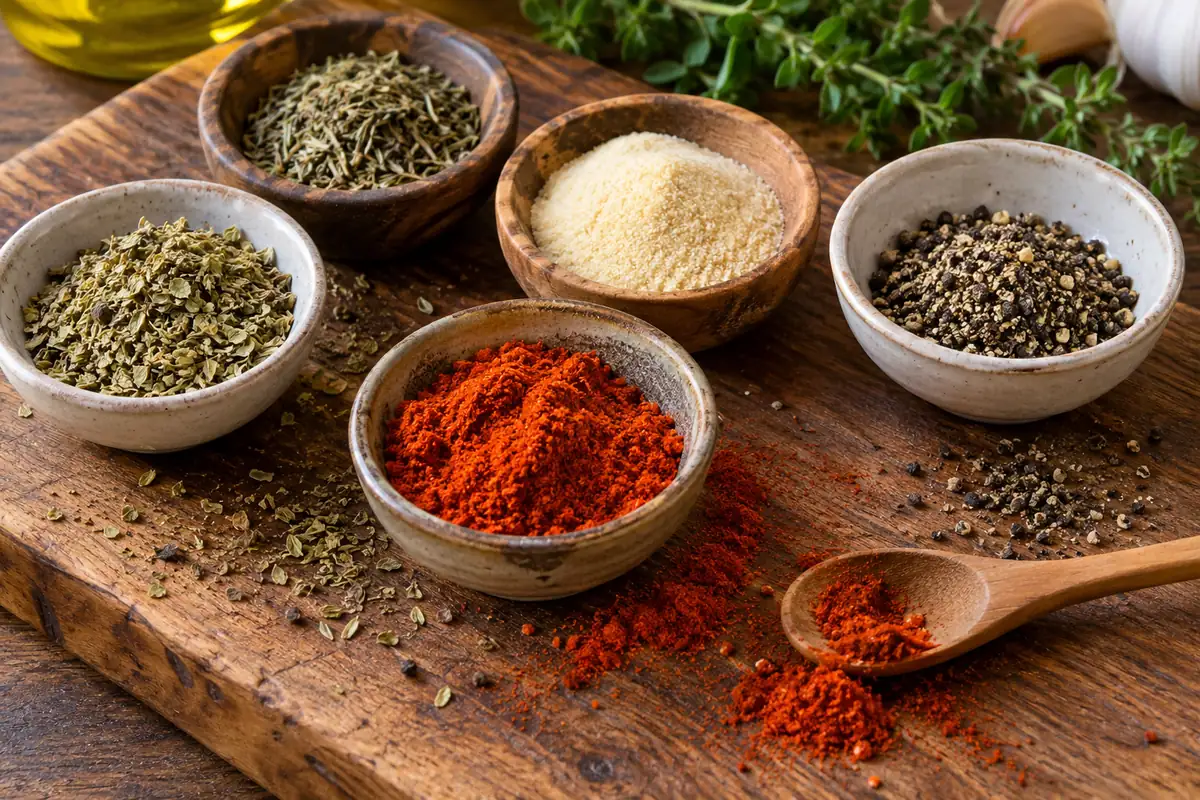 Paprika, garlic powder, oregano, thyme and black pepper measured in small bowls on a wooden board