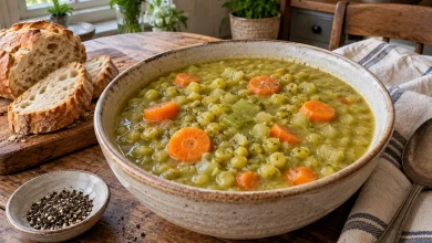 Bowl of thick split pea soup with carrots and celery on a rustic kitchen table