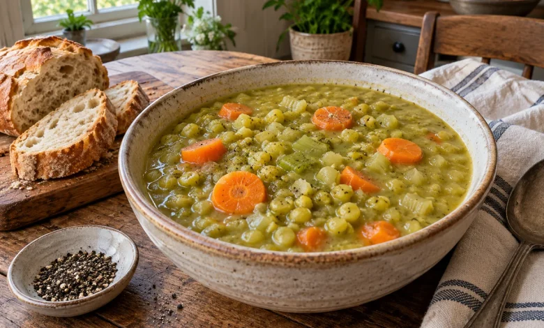 Bowl of thick split pea soup with carrots and celery on a rustic kitchen table