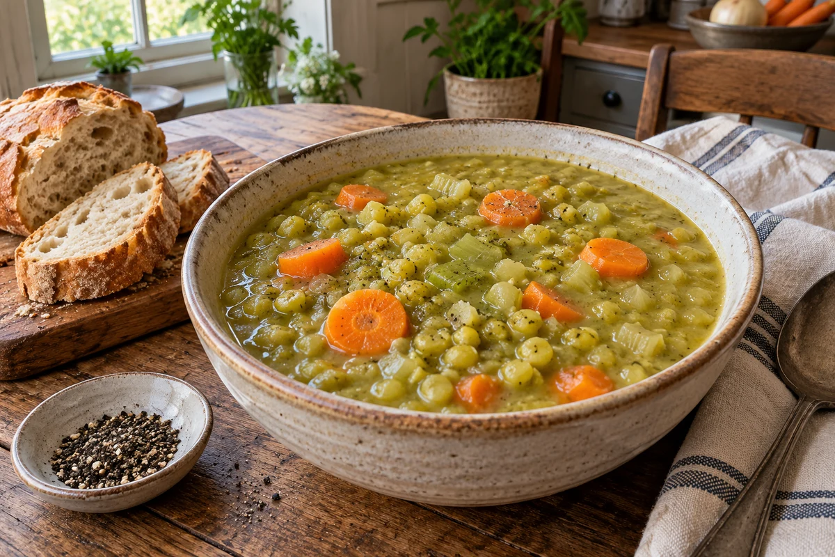 Bowl of thick split pea soup with carrots and celery on a rustic kitchen table