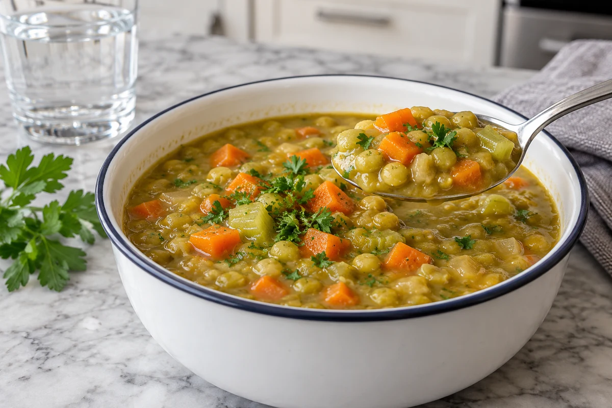 Spoonful of creamy split pea soup showing tender peas and diced carrots