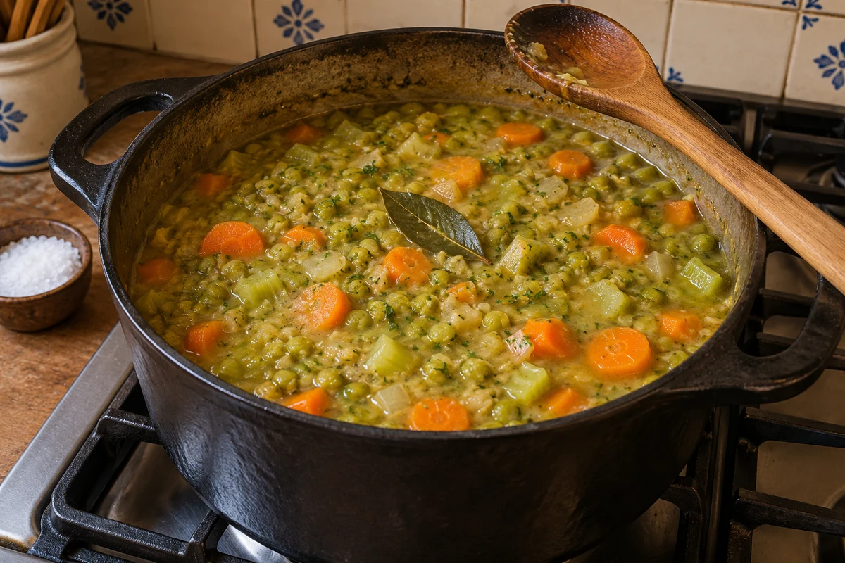 Pot of split pea soup simmering on the stove with a wooden spoon