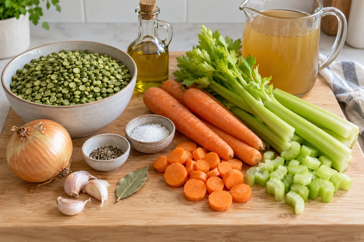 Overhead view of split pea soup ingredients with dried peas, carrots, celery, onion and garlic