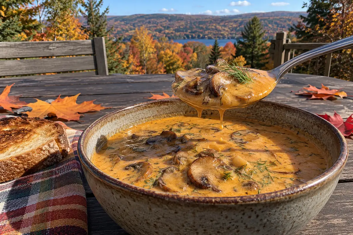 A spoon lifting Hungarian mushroom soup with mushroom slices from a bowl on a dark wooden patio table in warm autumn sunlight