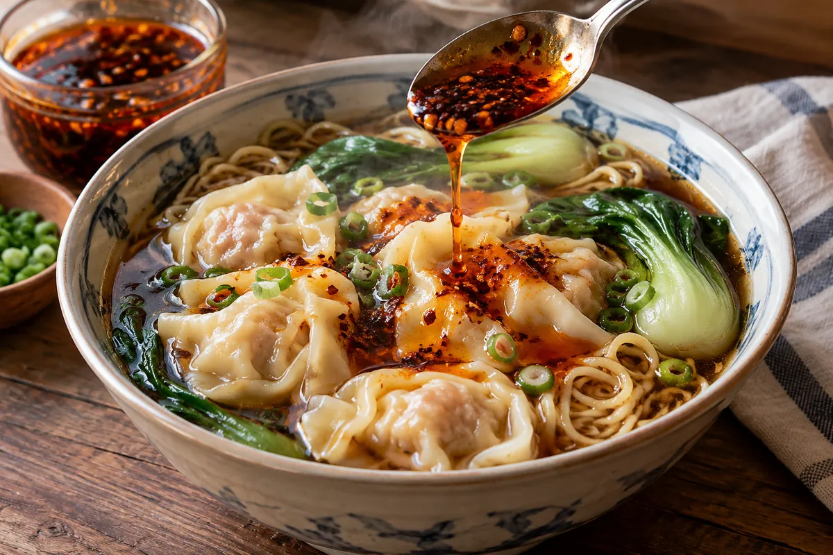 Spoon drizzling red chili oil over a steaming bowl of wonton noodle soup