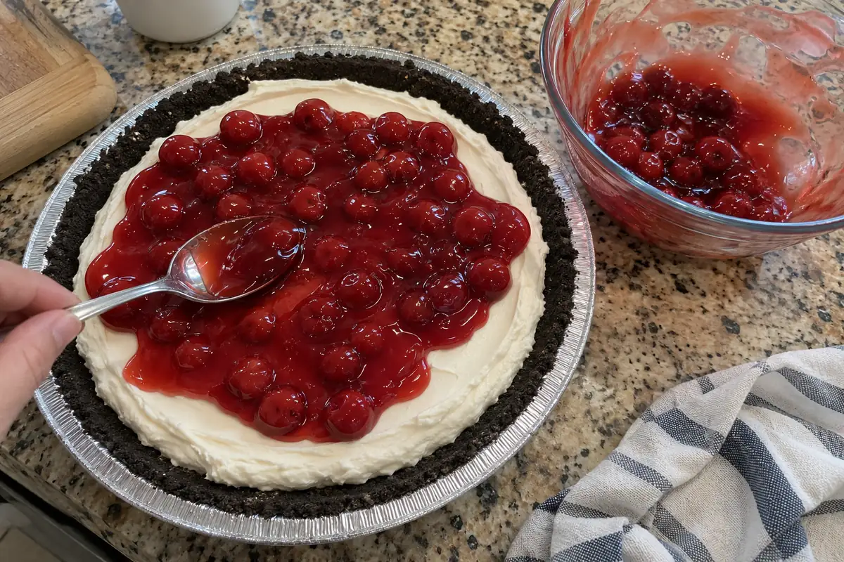 Spreading cherry pie filling over the cream cheese layer of a chocolate cherry pie
