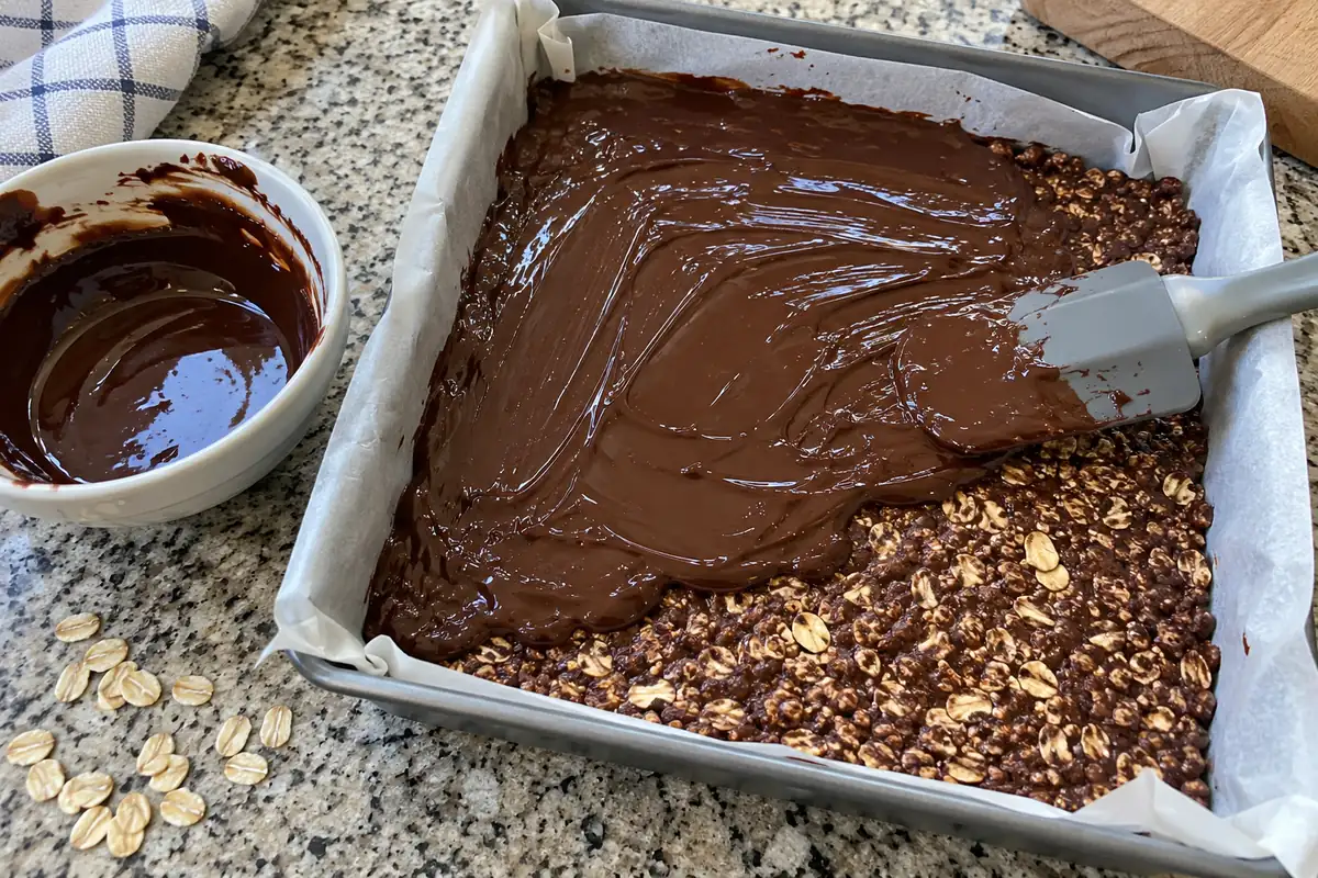 Spreading melted dark chocolate over the pressed oat and crisp rice base in a parchment-lined square pan