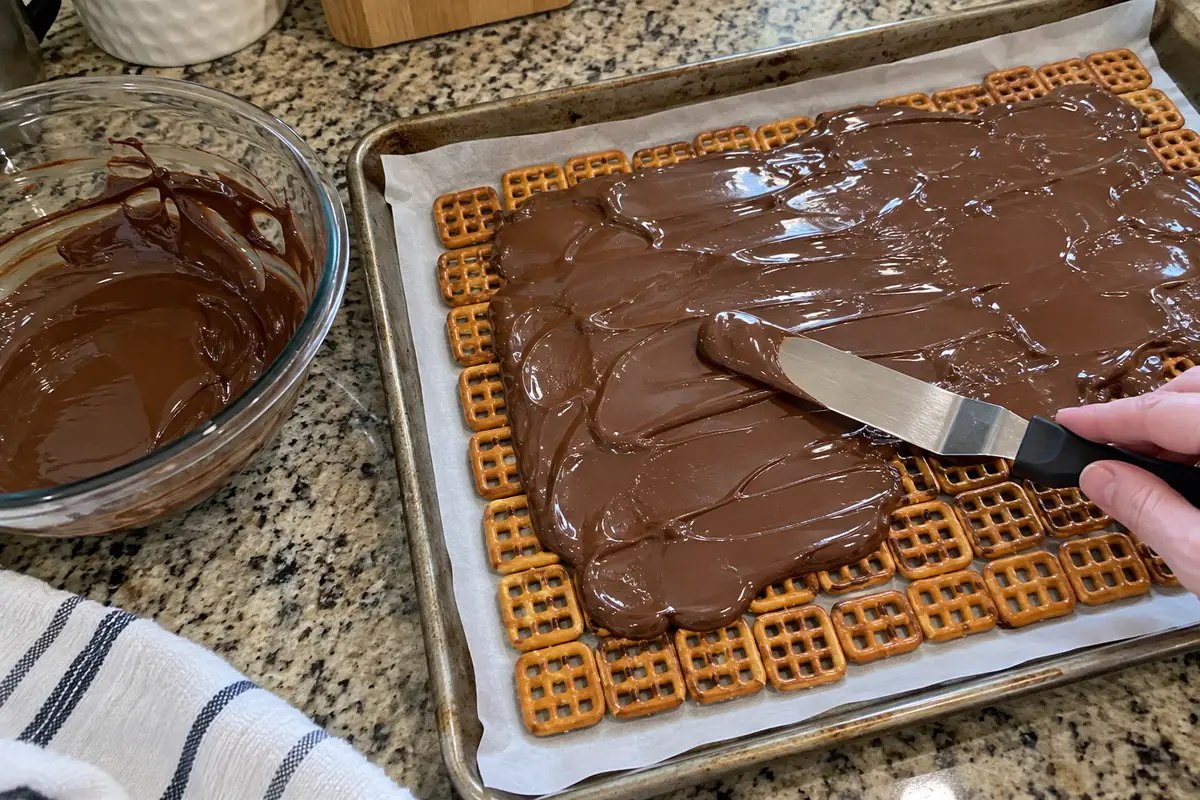 Spreading melted chocolate over square pretzels for caramel apple pretzel bark