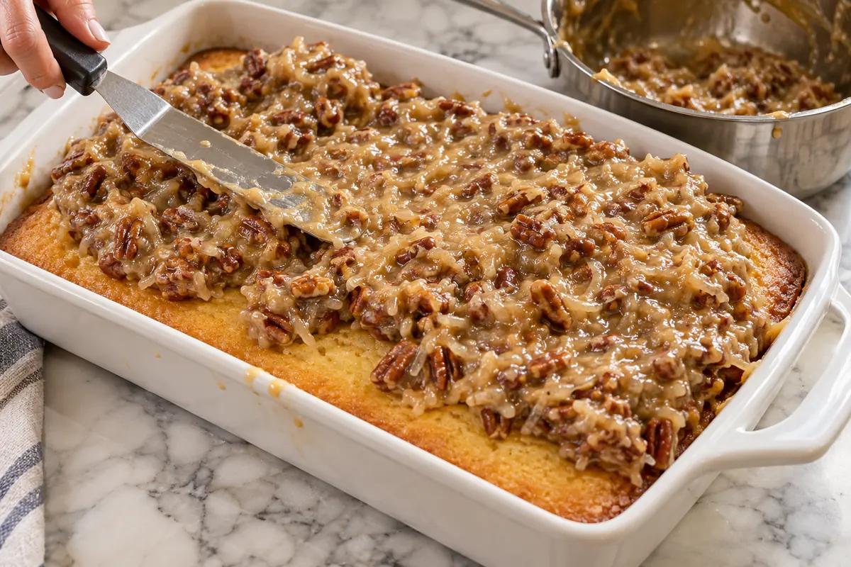 Coconut pecan topping being spread over a warm vanilla cake for ugly duckling cake
