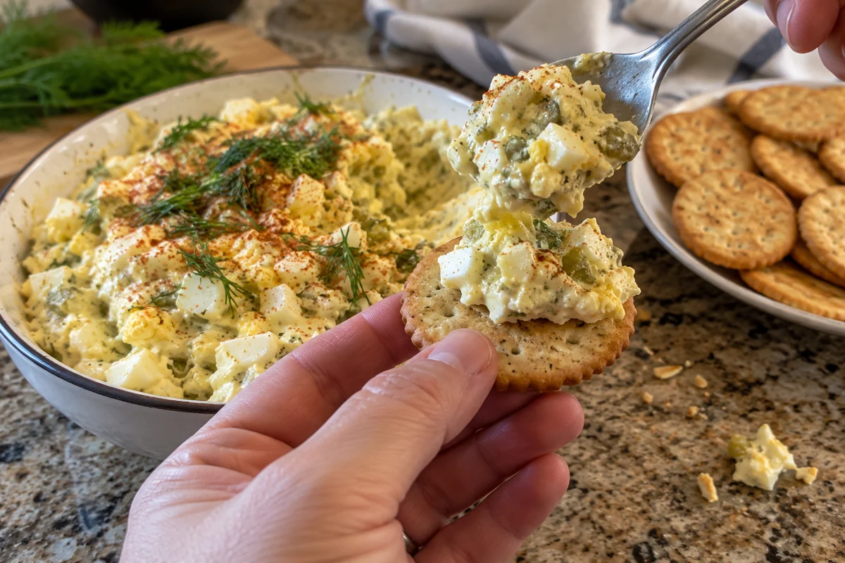 Spooning deviled egg dip onto a cracker