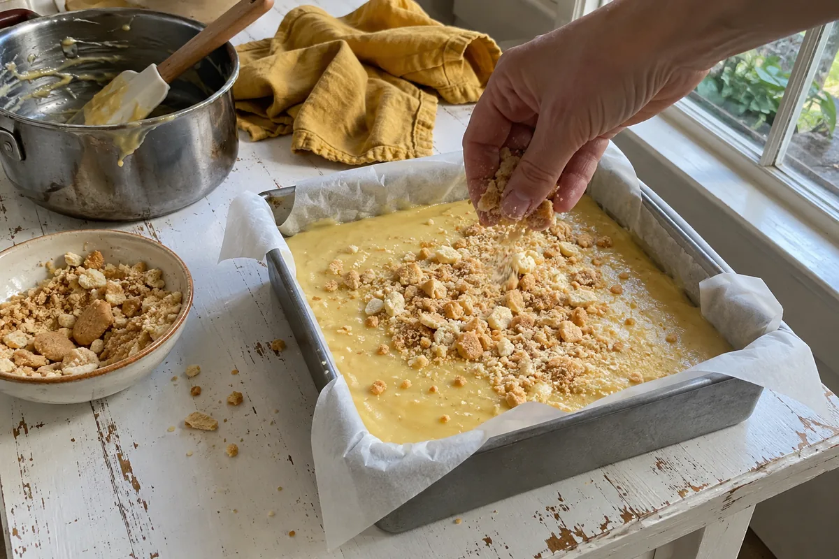 Sprinkling crushed vanilla wafers over freshly poured banana fudge in a parchment-lined square pan