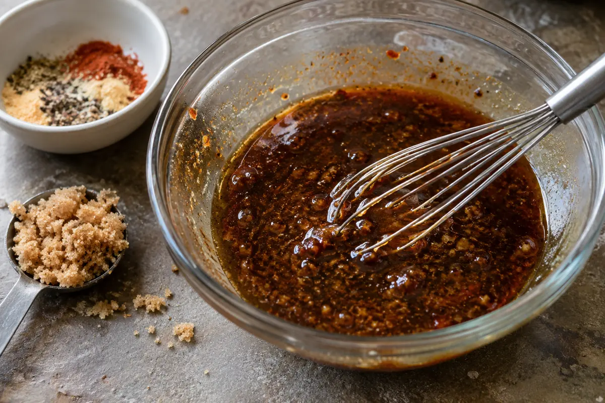 Glossy brown sugar and soy sauce glaze being stirred in a glass bowl with spices