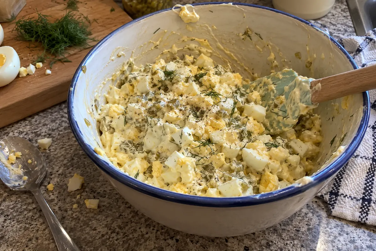 Stirring chopped hard-boiled eggs and sweet pickle relish with mayonnaise in a mixing bowl