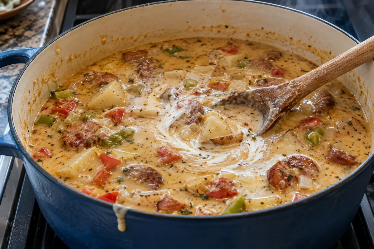 Wooden spoon stirring creamy potato soup with potato chunks and sausage in a pot