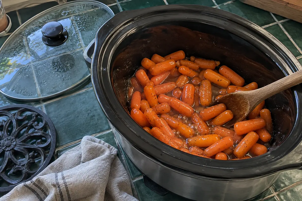 Stirring maple brown sugar glazed carrots halfway through cooking in a slow cooker