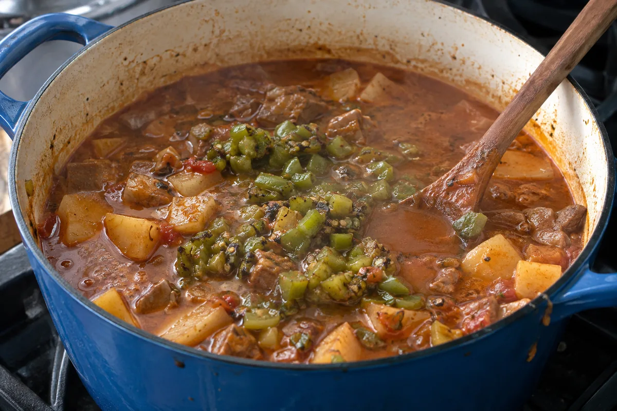 Wooden spoon stirring green chile stew with chopped roasted chiles, potatoes and beef in a pot
