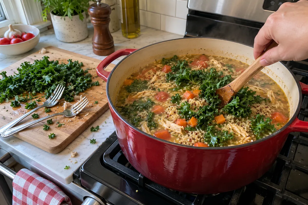 Stirring chopped kale into simmering chicken quinoa soup in a Dutch oven