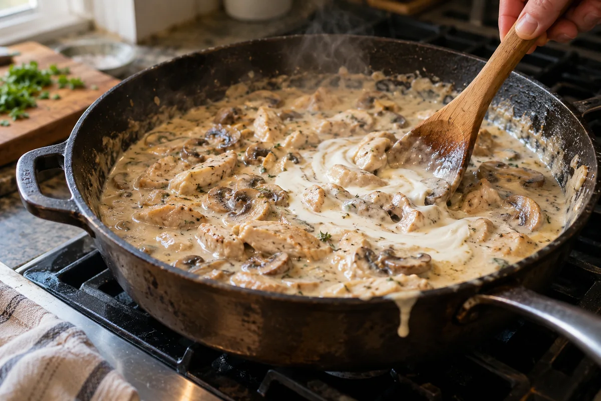 Wooden spoon stirring creamy sour cream sauce into chicken and mushrooms in a skillet