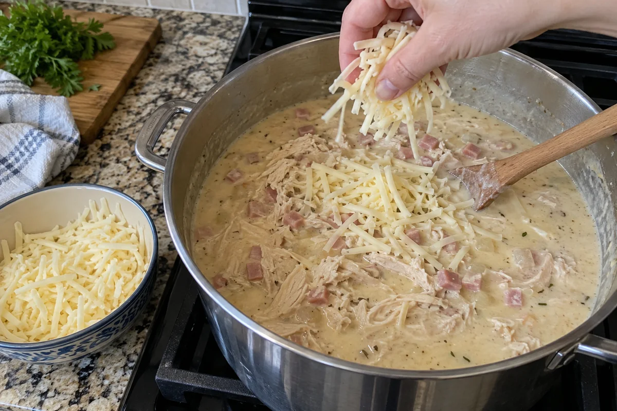 Stirring shredded Swiss cheese into creamy chicken cordon bleu soup in a pot