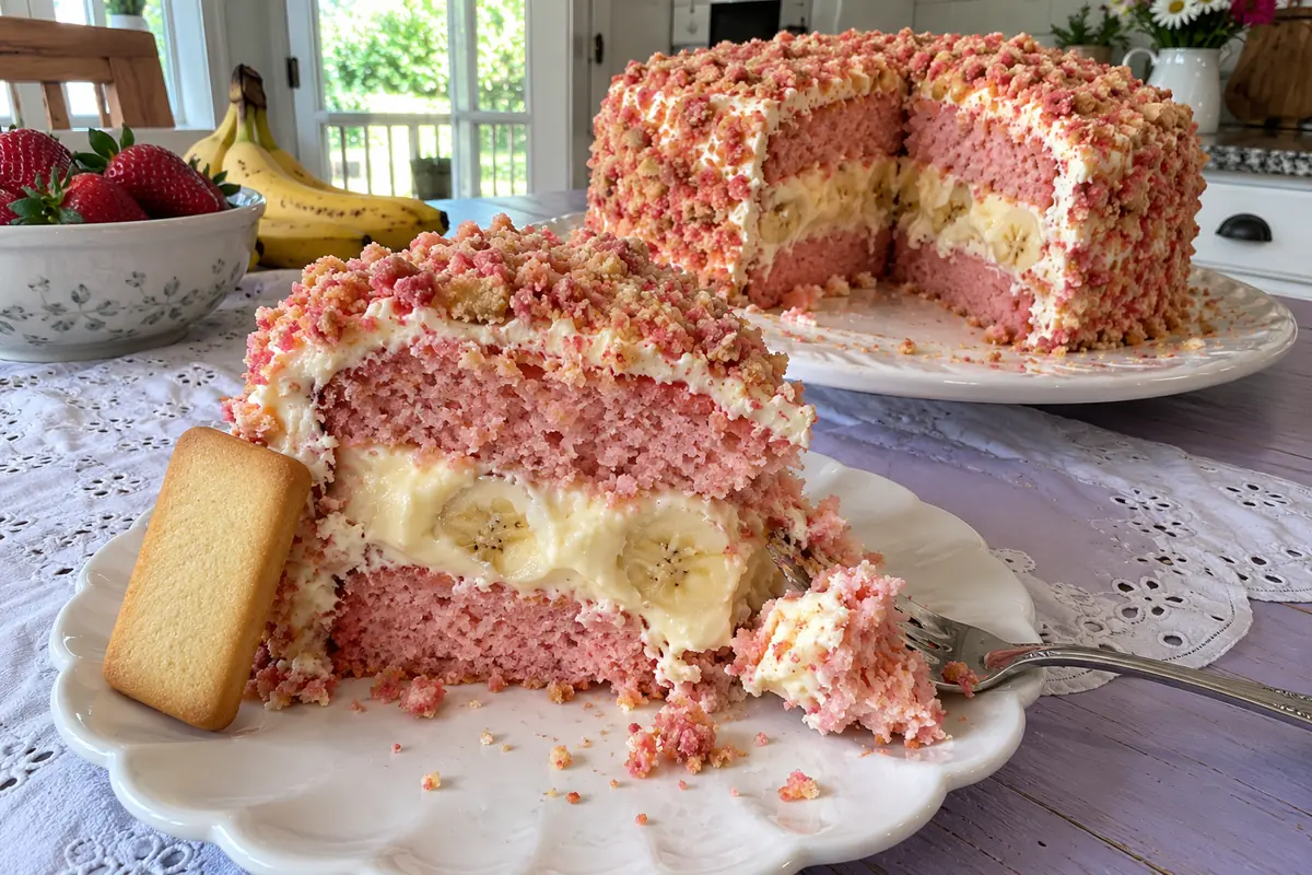 A slice of strawberry banana pudding crunch pound cake showing pink crumb, banana slices and vanilla pudding cream