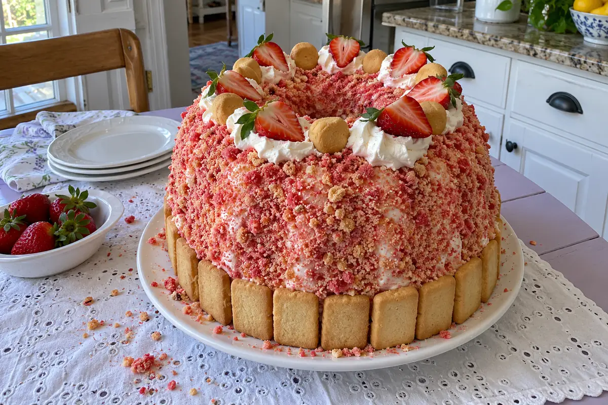 A strawberry banana pudding crunch pound cake coated in pink strawberry crumbs, ringed with butter cookies and topped with whipped cream, strawberries and vanilla wafers