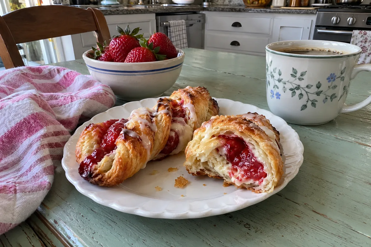 Close-up of a strawberry cheesecake twist showing flaky layers, cream cheese and strawberry jam