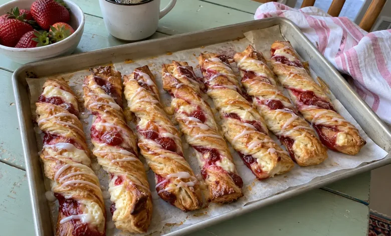 Strawberry cheesecake twists drizzled with glaze on a parchment-lined baking sheet