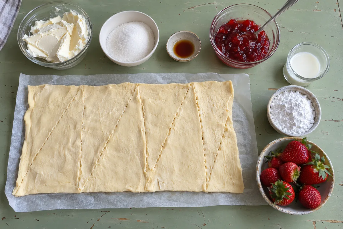 Ingredients for strawberry cheesecake twists: crescent roll dough, cream cheese, sugar, vanilla, strawberry jam, powdered sugar and milk
