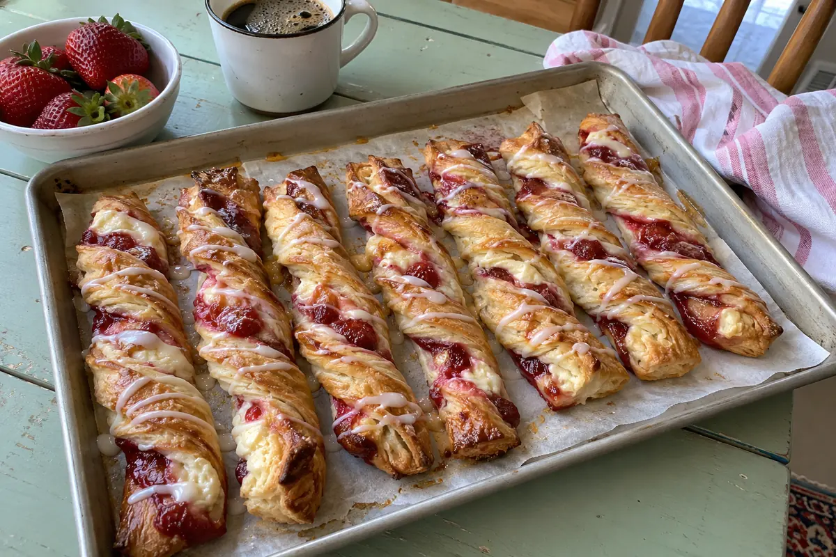 Strawberry cheesecake twists drizzled with glaze on a parchment-lined baking sheet