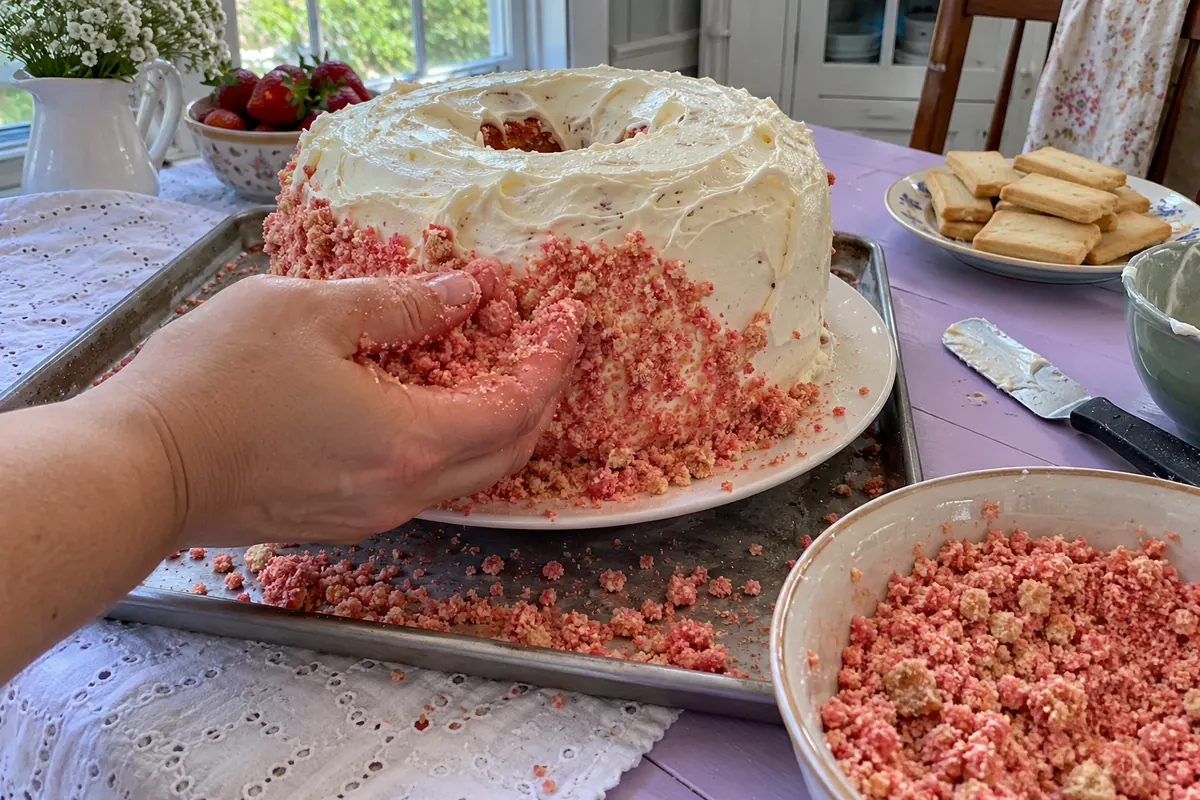 Pressing strawberry crunch crumbs onto a frosted strawberry pound cake