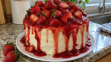 Tall strawberry drip cake on a white platter with glossy red glaze drips and a mound of fresh strawberries on top